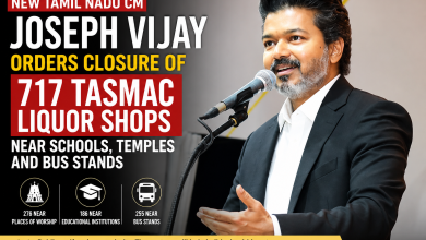 Tamil Nadu Chief Minister Joseph Vijay speaking at an event after announcing closure of 717 TASMAC liquor shops near schools and temples.