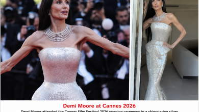 Split collage of Demi Moore at Cannes 2026 wearing a shimmering silver gown during the red-carpet appearance and indoor photoshoot.