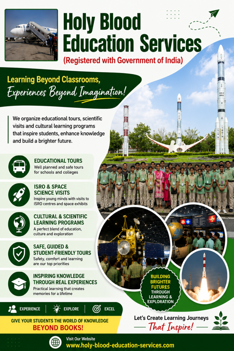 Poster for Holy Blood Education Services featuring students on an educational tour at a space science center with rockets, educational activities, and learning program highlights.