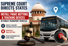 Supreme Court of India directs states to install panic buttons and vehicle tracking devices in public transport vehicles, shown with a bus, tracking icon, and emergency safety button.