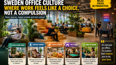 Employees relaxing and working in a modern open-office space inspired by Sweden’s work culture with comfortable seating, greenery, and creative interiors.