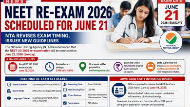 DW24 News breaking news graphic about NEET Re-Exam 2026 showing revised exam date June 21, updated timing from 2 PM to 5:15 PM, admit card updates, and major highlights announced by NTA.