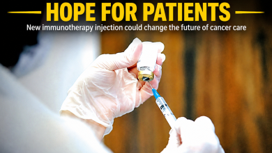 Doctor preparing an immunotherapy injection with headline about new cancer treatment launched in India.