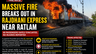Rajdhani Express coach engulfed in massive flames near Ratlam in Madhya Pradesh as thick black smoke rises into the sky during an early morning fire incident.