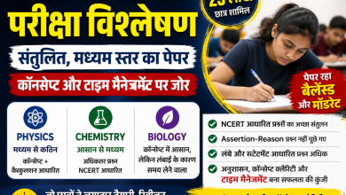 NEET UG 2026 exam analysis poster showing balanced and moderate difficulty paper with Physics, Chemistry, Biology breakdown and 23 lakh students participation