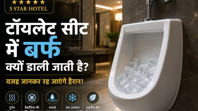 5 स्टार होटल के यूरिनल में डाली गई बर्फ को दिखाती फीचर इमेज, जिसमें टॉयलेट हाइजीन और बदबू नियंत्रण की जानकारी दी गई है।