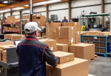 Worker handling corrugated cardboard boxes in a modern packaging and warehouse facility with stacked cartons ready for shipping and distribution.