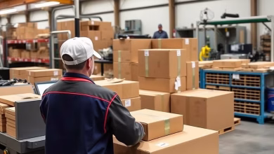 Worker handling corrugated cardboard boxes in a modern packaging and warehouse facility with stacked cartons ready for shipping and distribution.