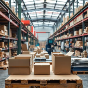 Corrugated cardboard boxes displayed on pallets inside a modern warehouse and packaging facility with storage racks in the background.