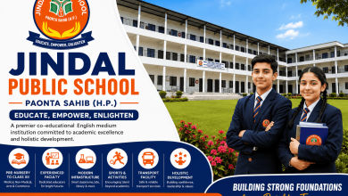 Jindal Public School Paonta Sahib campus building with school logo displayed on a green playground in Himachal Pradesh.