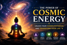 Meditating person surrounded by cosmic energy and galaxy lights symbolizing spiritual awakening, personal growth, and universal energy.