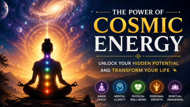 Meditating person surrounded by cosmic energy and galaxy lights symbolizing spiritual awakening, personal growth, and universal energy.