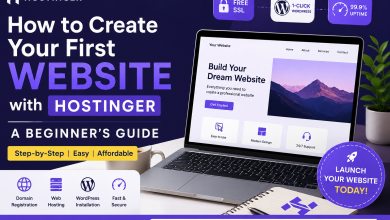 How to Create Your First Website with Hostinger beginner guide featuring web hosting, domain registration, WordPress installation, and website launch.