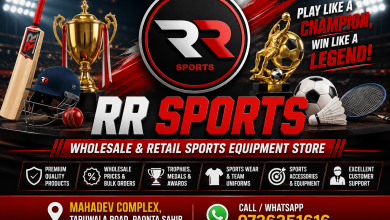 RR Sports feature image showcasing sports equipment, trophies, cricket bat, football, badminton racket, sportswear, and wholesale sports goods store in Paonta Sahib.