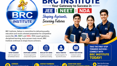 BRC Institute Nahan promotional banner featuring institute logo, students, and coaching programs for JEE, NEET, and NDA with contact details and admission information.