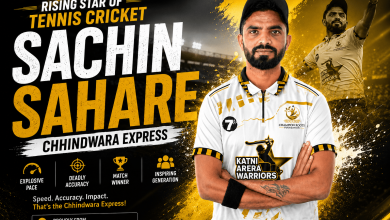 Sachin Sahare, popularly known as the Chhindwara Express, posing in Katni Arera Warriors jersey as a rising tennis cricket star from Madhya Pradesh.