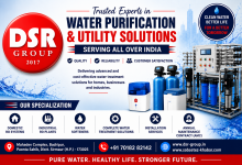DSR Group promotional banner showcasing water purification and utility solutions across India, featuring industrial RO plants, water softeners, domestic RO systems, installation services, AMC support, and company contact information.