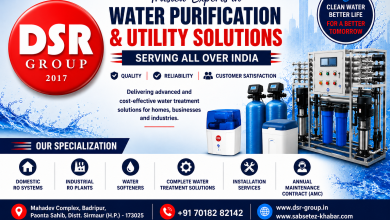 DSR Group promotional banner showcasing water purification and utility solutions across India, featuring industrial RO plants, water softeners, domestic RO systems, installation services, AMC support, and company contact information.