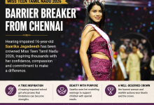 Miss Teen Tamil Nadu 2026 winner Saarika Jagadeesh wearing a crown and sash on stage, celebrating her achievement while inspiring others through her support for children with special needs.