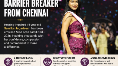 Miss Teen Tamil Nadu 2026 winner Saarika Jagadeesh wearing a crown and sash on stage, celebrating her achievement while inspiring others through her support for children with special needs.