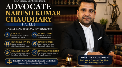Professional portrait of Advocate Naresh Kumar Chaudhary, B.A., LL.B., showcasing legal services including civil, criminal, matrimonial, revenue matters, legal consultation, and documentation services in Paonta Sahib, Himachal Pradesh.