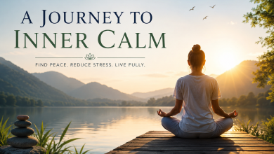 Person meditating on a wooden dock beside a peaceful lake at sunrise, surrounded by mountains, symbolizing mindfulness, relaxation, and inner peace.