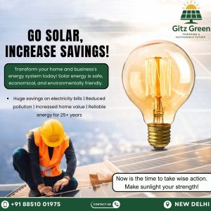 Solar energy promotional banner featuring rooftop solar panels, a technician installing solar panels, a glowing light bulb, and Gitz Green Energy branding. The image highlights benefits such as lower electricity bills, reduced pollution, increased property value, and long-term energy savings.