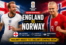 England vs Norway FIFA World Cup 2026 quarterfinal feature image showing Harry Kane and Erling Haaland ahead of the high-stakes knockout match.