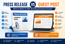 Press Release vs Guest Post comparison infographic showing SEO, branding, backlinks, Google indexing, and business growth benefits.