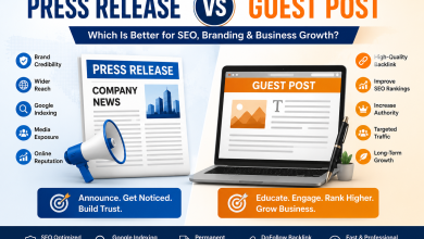 Press Release vs Guest Post comparison infographic showing SEO, branding, backlinks, Google indexing, and business growth benefits.