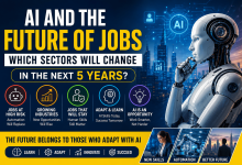 AI robot representing the future of jobs and industries as Artificial Intelligence transforms careers over the next five years.