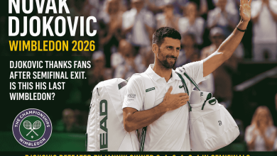 Novak Djokovic reacts after losing to Jannik Sinner in the Wimbledon 2026 semifinal.