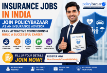 Professional banner promoting Insurance Jobs in India with Policybazaar, inviting candidates to join as Insurance Advisors and earn attractive commissions through full-time or part-time opportunities.