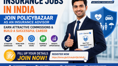 Professional banner promoting Insurance Jobs in India with Policybazaar, inviting candidates to join as Insurance Advisors and earn attractive commissions through full-time or part-time opportunities.