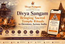 Divya Sangam online temple ritual booking platform homepage featuring sacred Vedic puja services