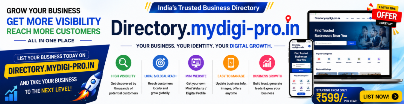 Directory.mydigi-pro.in homepage banner promoting business listing, mini website, digital business profile, local business directory, and online business promotion in India.