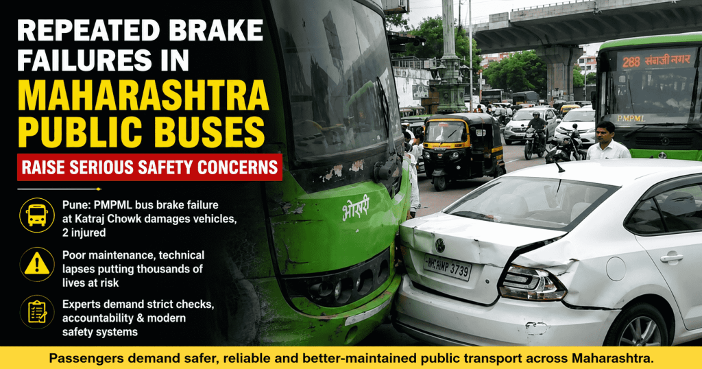 Damaged PMPML bus and car after a reported brake failure at Katraj Chowk in Pune, highlighting public transport safety concerns in Maharashtra.