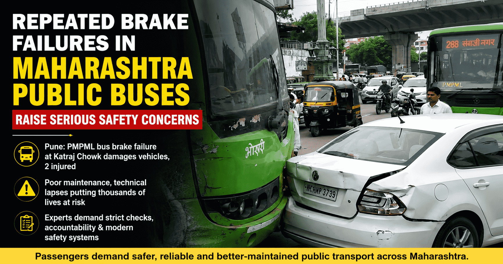 Damaged PMPML bus and car after a reported brake failure at Katraj Chowk in Pune, highlighting public transport safety concerns in Maharashtra.
