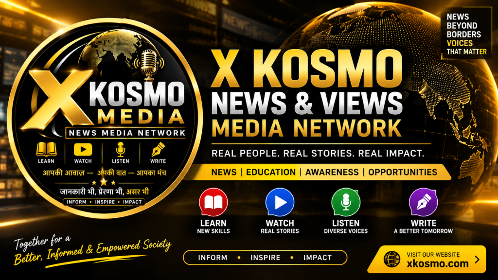 X Kosmo News & Views Media Network feature banner featuring the X Kosmo Media logo, global news imagery, microphone, journalism icons, community messaging, and xkosmo.com website.