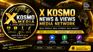 X Kosmo News & Views Media Network feature banner featuring the X Kosmo Media logo, global news imagery, microphone, journalism icons, community messaging, and xkosmo.com website.