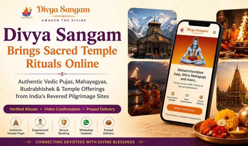 Divya Sangam online puja services offering sacred temple rituals, Chadhava and spiritual products across India.
