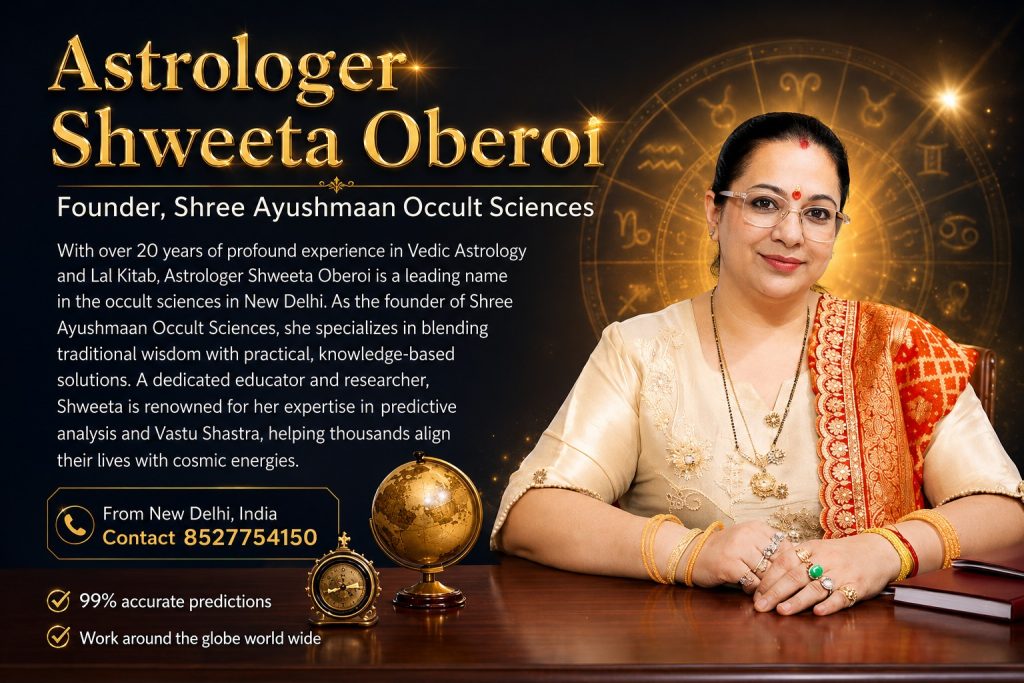 Astrologer Shweeta Oberoi, founder of Shree Ayushmaan Occult Sciences, promoting Vedic Astrology, Lal Kitab, Vastu Shastra and spiritual guidance, with a cosmic astrology-themed background.