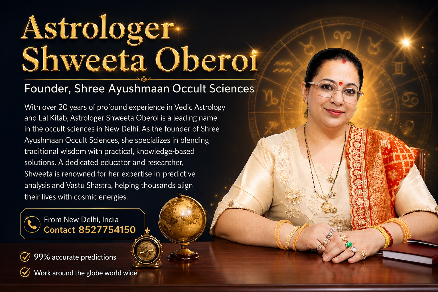 Astrologer Shweeta Oberoi, founder of Shree Ayushmaan Occult Sciences, promoting Vedic Astrology, Lal Kitab, Vastu Shastra and spiritual guidance, with a cosmic astrology-themed background.