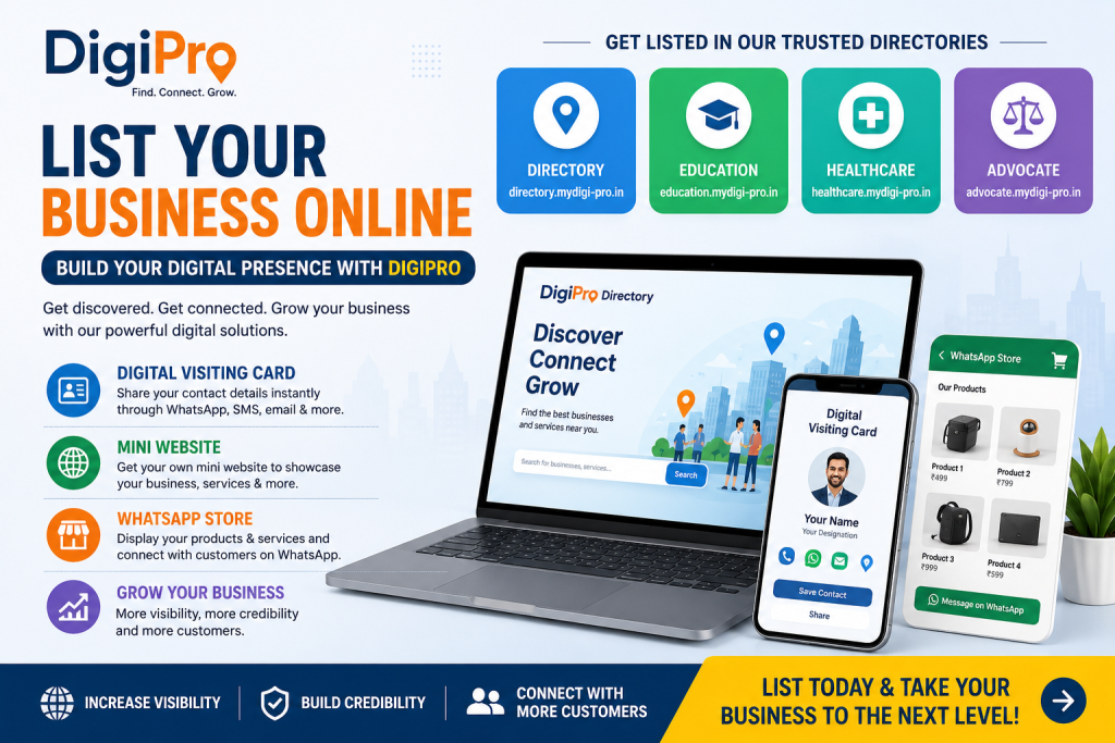 DigiPro business directory banner promoting online business listings, digital visiting cards, mini websites, and WhatsApp stores.