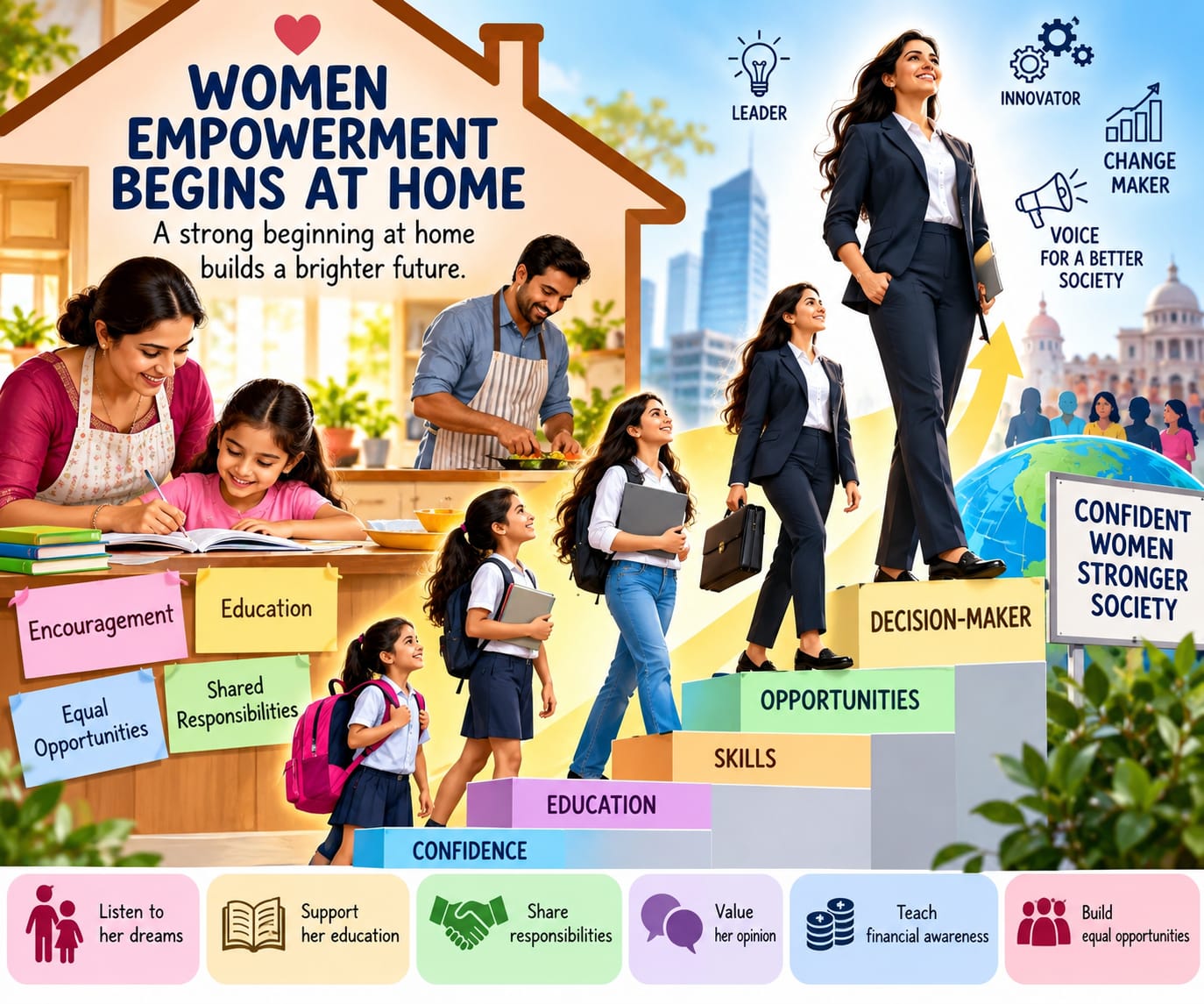 Women empowerment begins at home with equality, education, respect, and family support