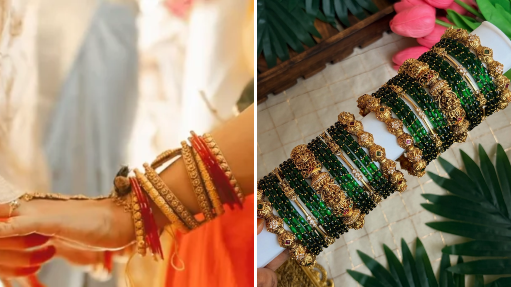 Style Gold Bangles with Glass Bangles on Karva Chauth for a Stunning Desi Look