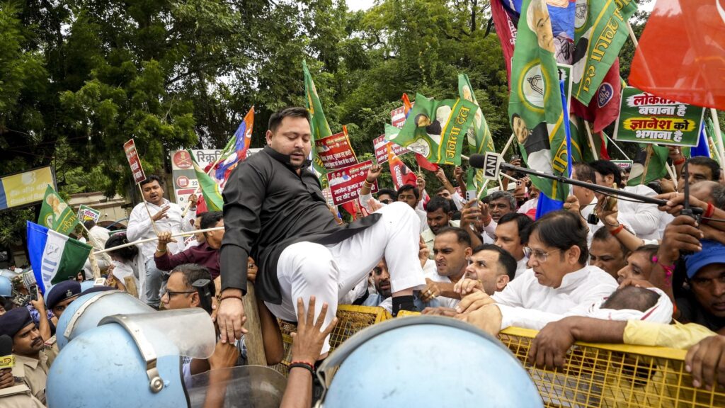 Tejashwi Yadav Leads INDIA Bloc Protest in Patna, Taken to Lok Bhavan by Police